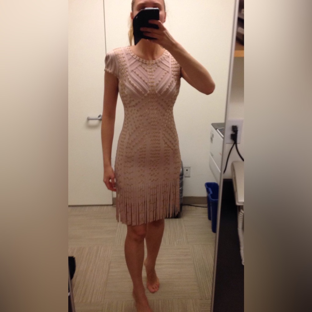 Insane Herve Leger fringe dress with eyelets, size xs, color light pink